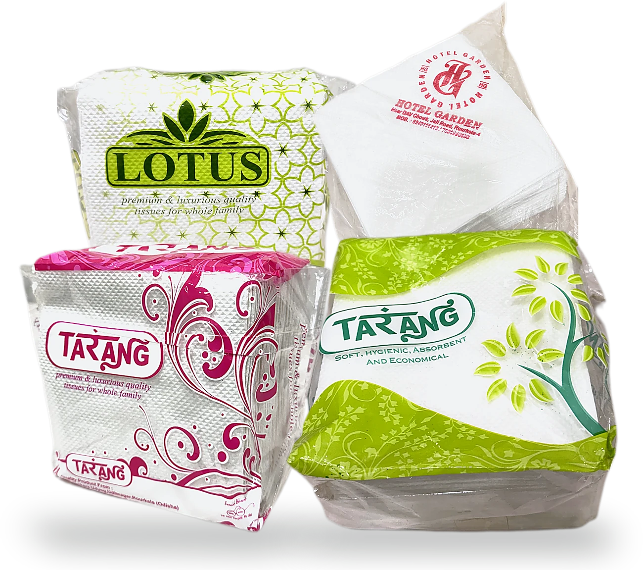 Lotus, Hotel Garden custom-printed, Tarang magenta and Tarang green napkin packs