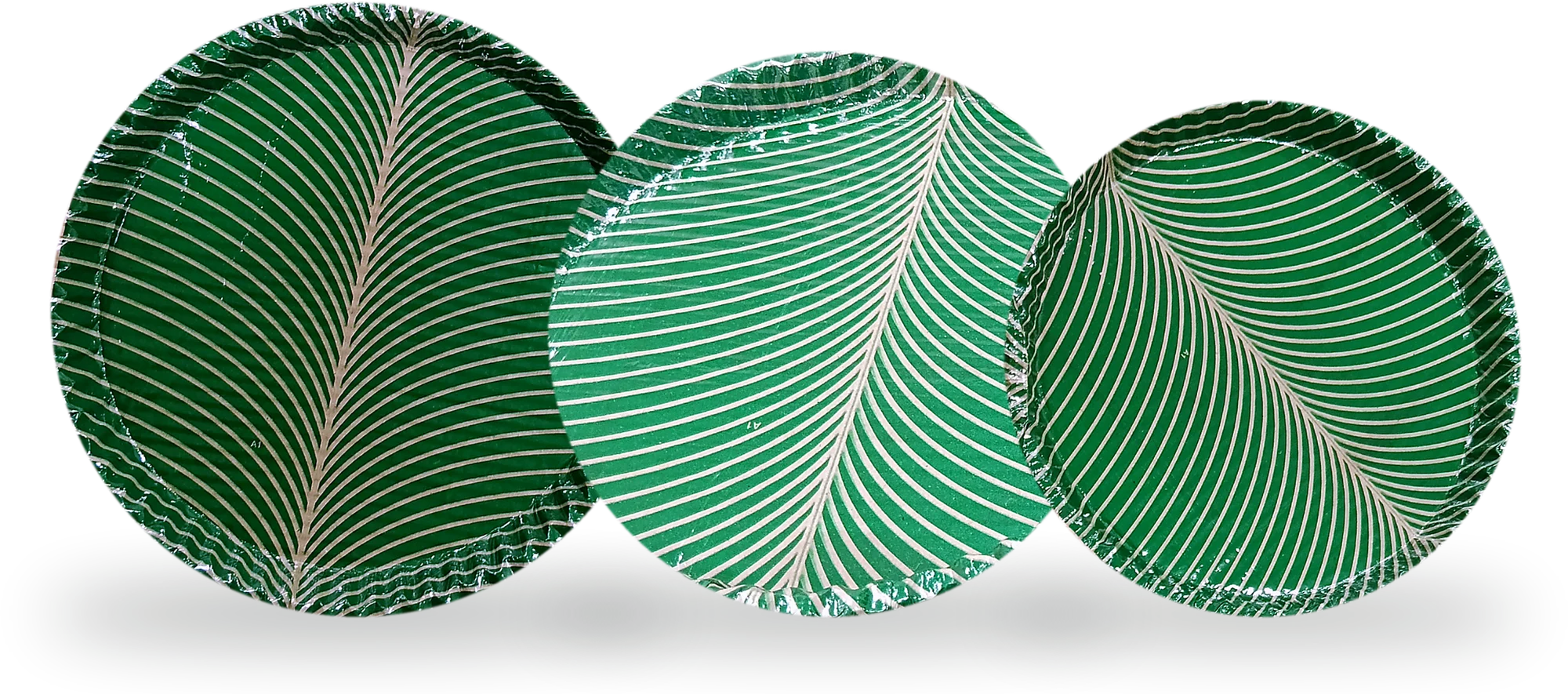 Three green leaf-print paper plates