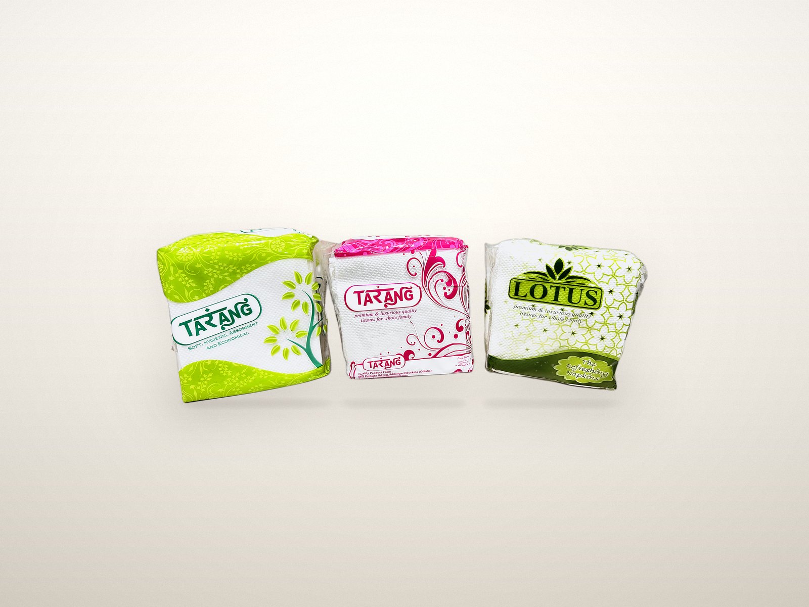Tarang green, Tarang magenta and Lotus retail packs together