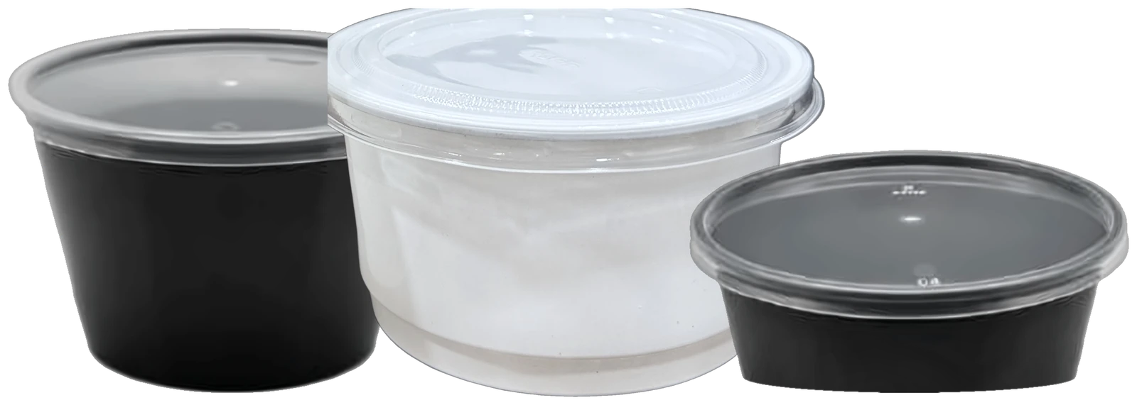 Flat round food containers in black and white